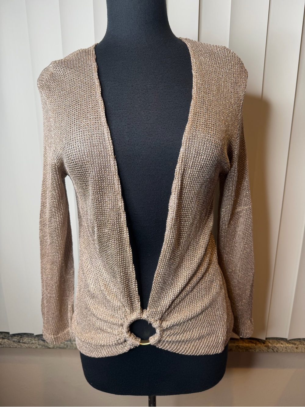 Chicos Metallic Taupe Open-Front Women's Sweater with Front Ring Detail